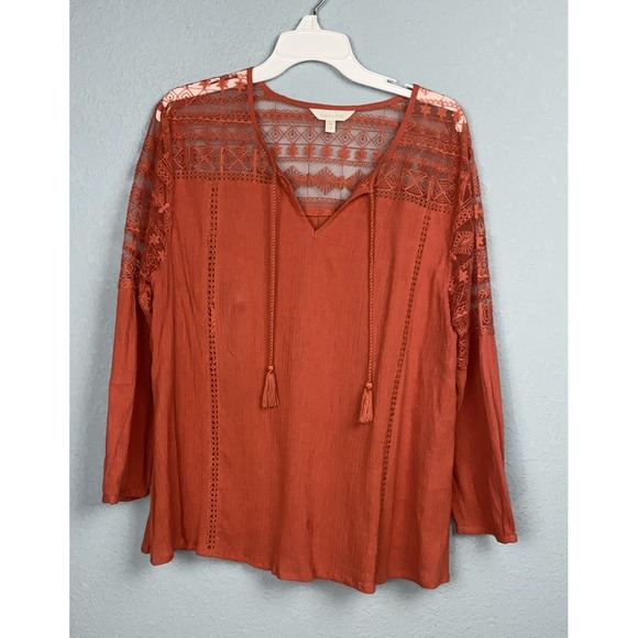 Garnet Hill Tops - Garnet‎ Hill Organic Cotton Crinkle Gauze Lace Blouse Women's 16 Boho Western